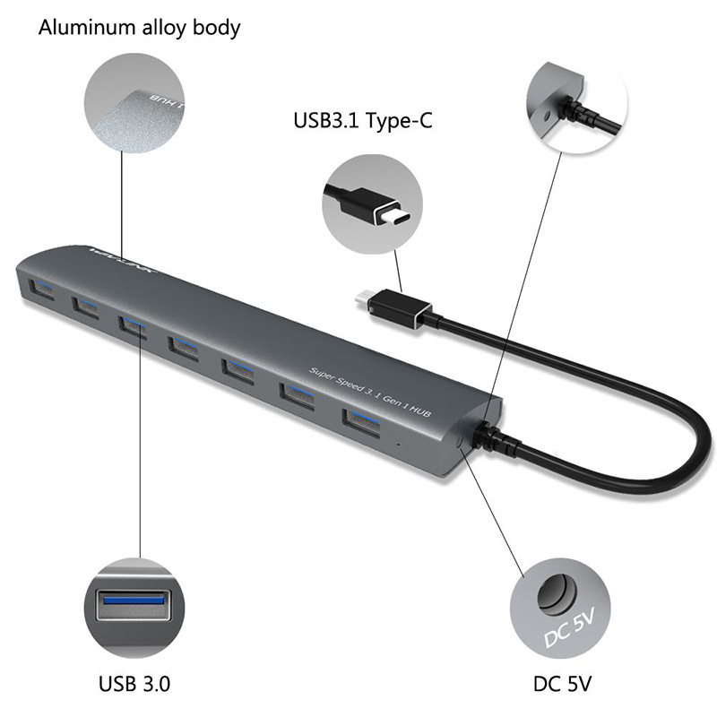 UH3074C USB-C to USB3.0 7 Port Aluminum HUB 4
