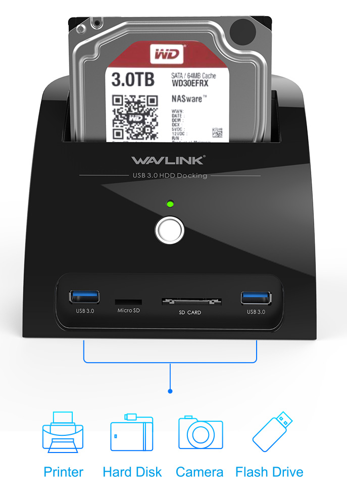 WAVLINK Dual Bay SATA naar USB3.0 / USB C Externe Harde Schijf Docking Station voor 2,5 of 3,5 inch HDD, SSD met Harde Schijf Kopieer/Kloon Functie - Zwart WAVLINK Dual Bay SATA naar USB3.0 / USB C Externe Harde Schijf Docking Station voor 2,5 of 3,5 inch HDD, SSD met Harde Schijf Kopieer/Kloon Functie - Zwart